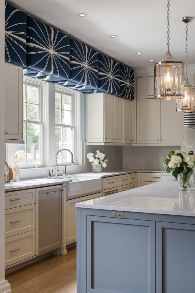 Custom cornice adding structure to a modern, sophisticated kitchen window