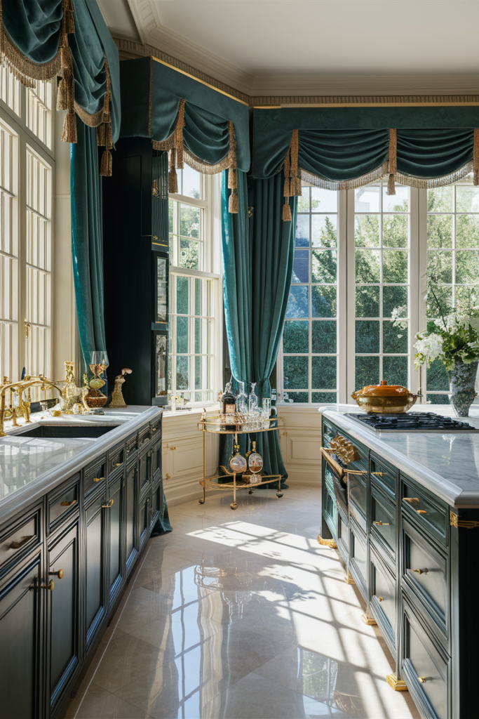 Floor-to-ceiling drapes in an exquisite, luxurious kitchen