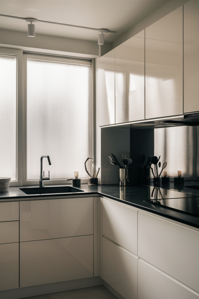 Frosted glass film on a window in a contemporary minimalist kitchen