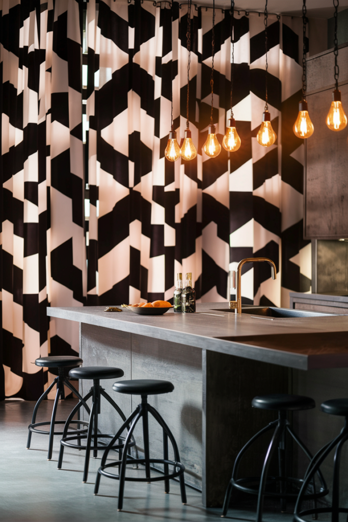 Geometric curtain panels in a striking modern kitchen