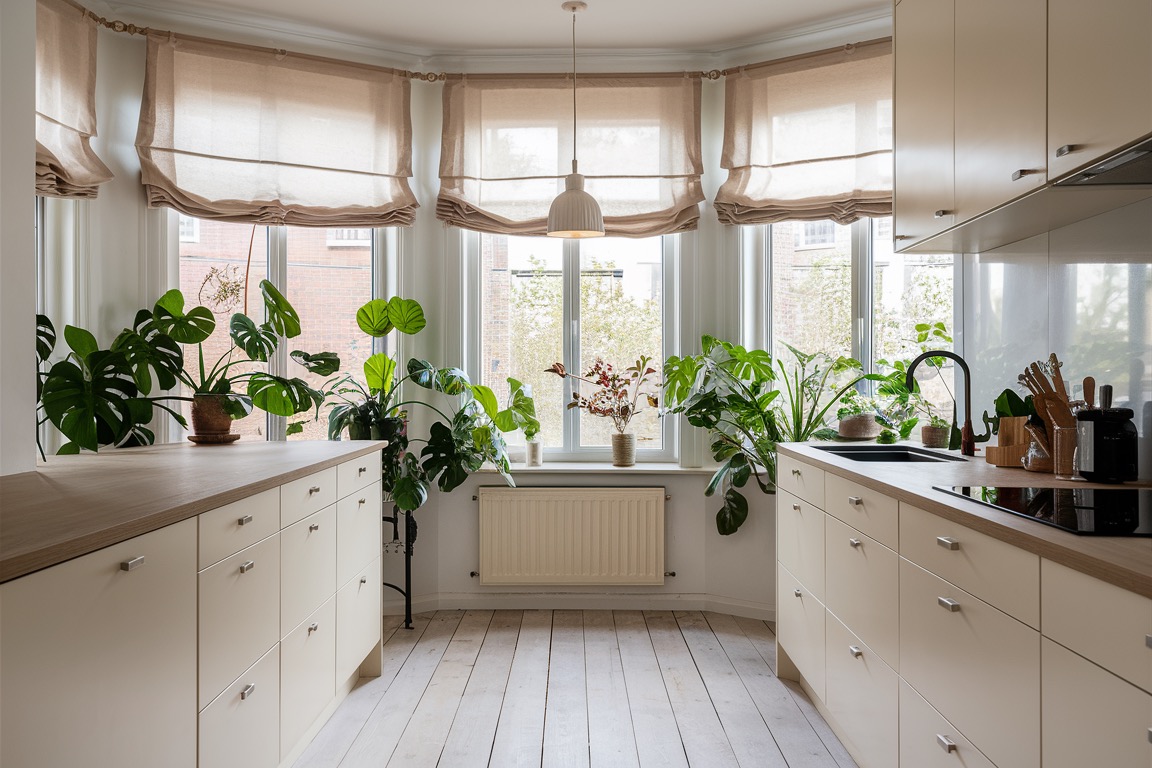 Stunning Scandinavian-inspired kitchen with a beautifully styled window treatment