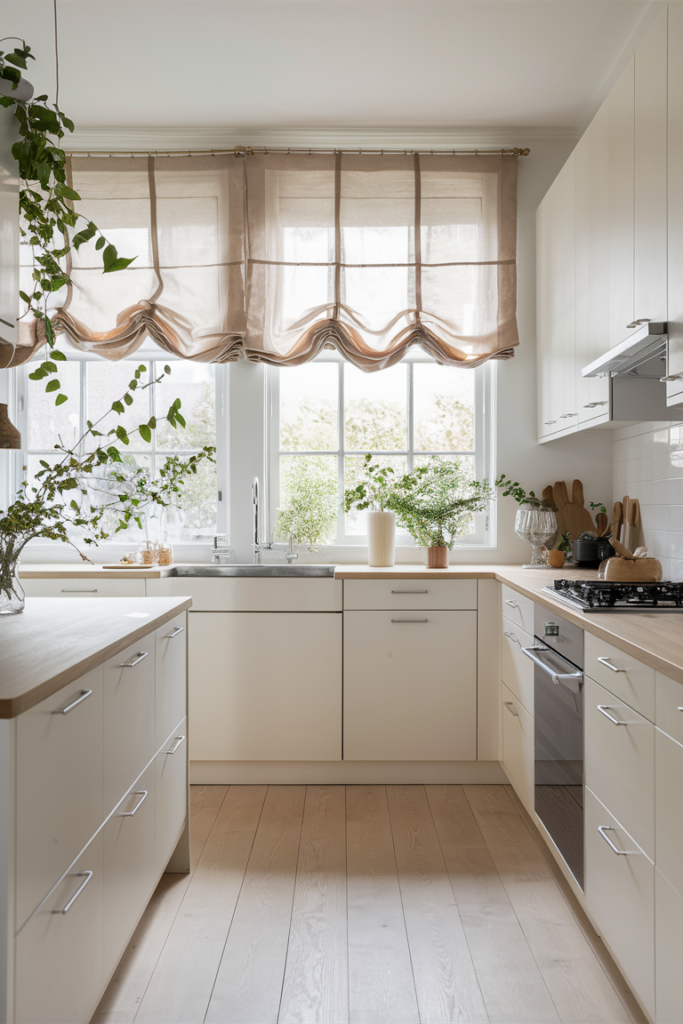 Soft linen drapes in a serene Scandinavian-inspired kitchen