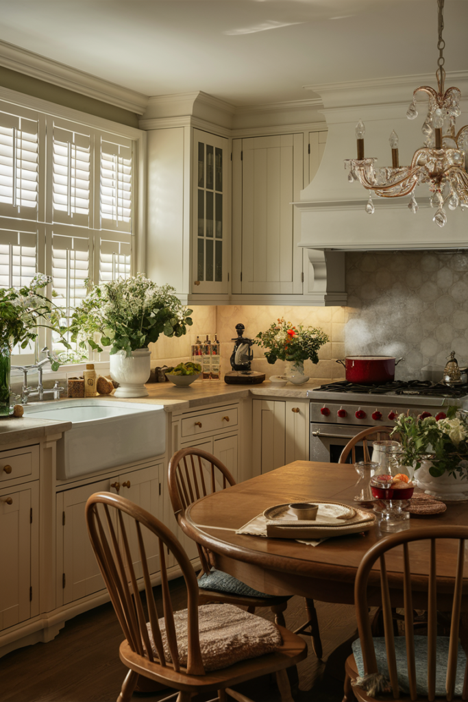 Plantation shutters in a warm, traditional kitchen