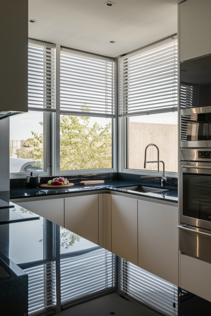Venetian blinds in a modern, sleek kitchen