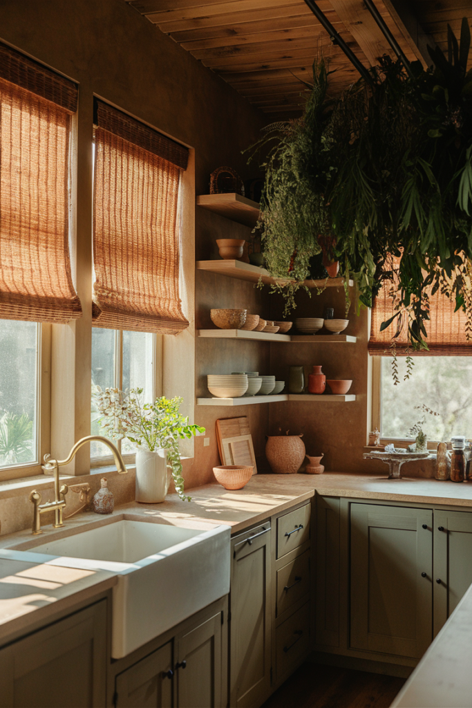 Woven wood shades in a cozy bohemian-styled kitchen