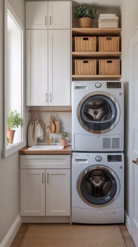 Compact laundry room layout with stacked washer and dryer