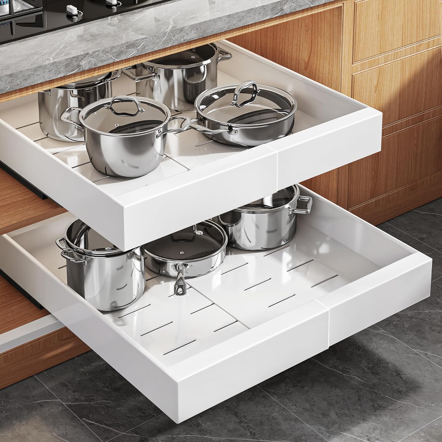 Seinloes Expandable Pull-Out Cabinet Organizer, 2 Pack, 21 Inch Deep