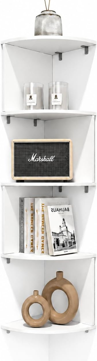 5-Tier Corner Shelf, Wall Mounted, White, for Display and Storage