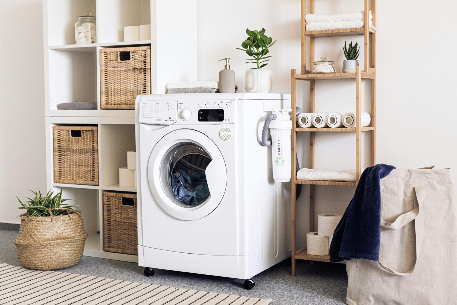 Bright laundry room with a front-load washer, woven baskets and open shelving