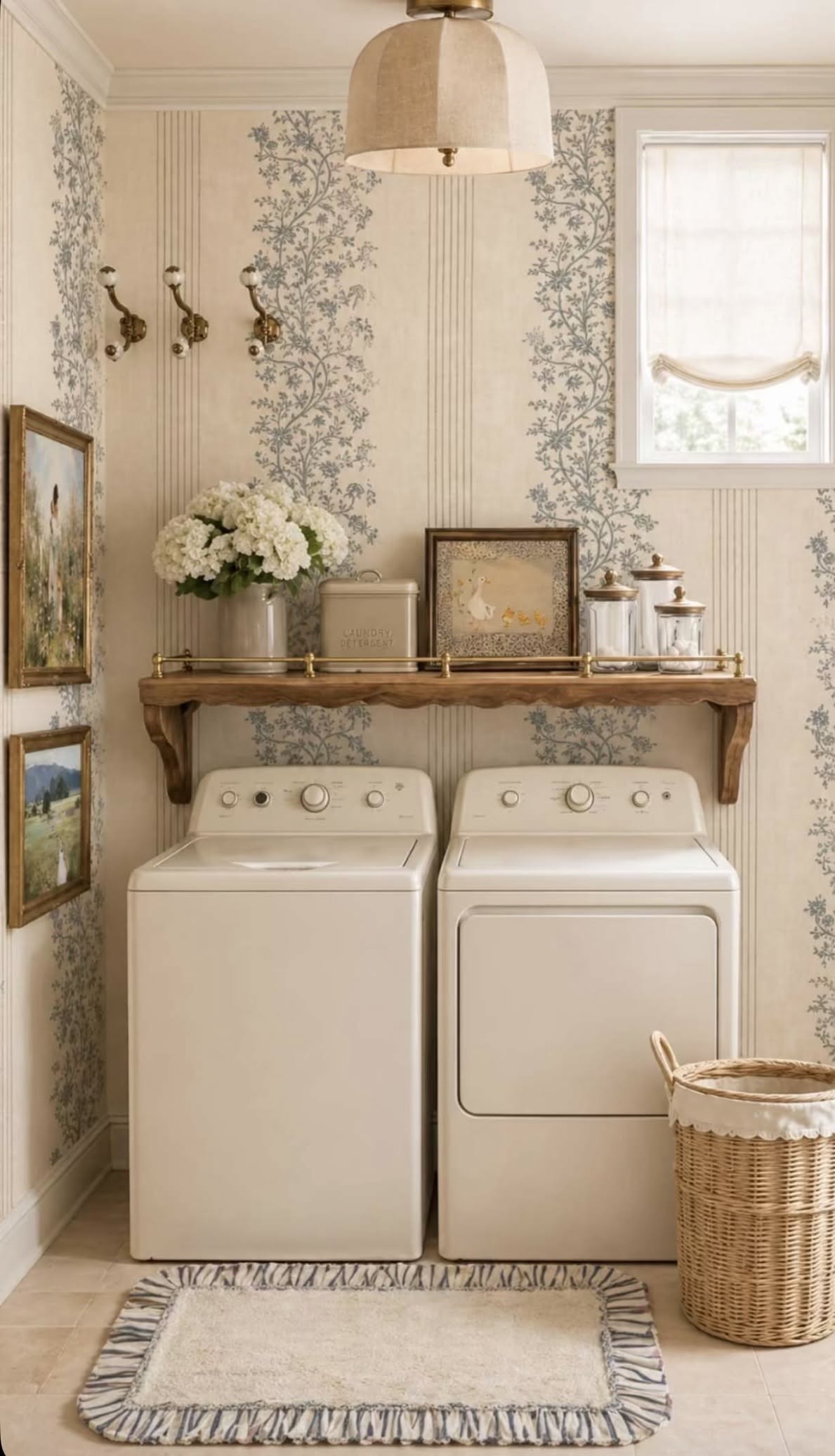 French country laundry room with floral wallpaper, brass hooks and framed art above a top-load washer and dryer