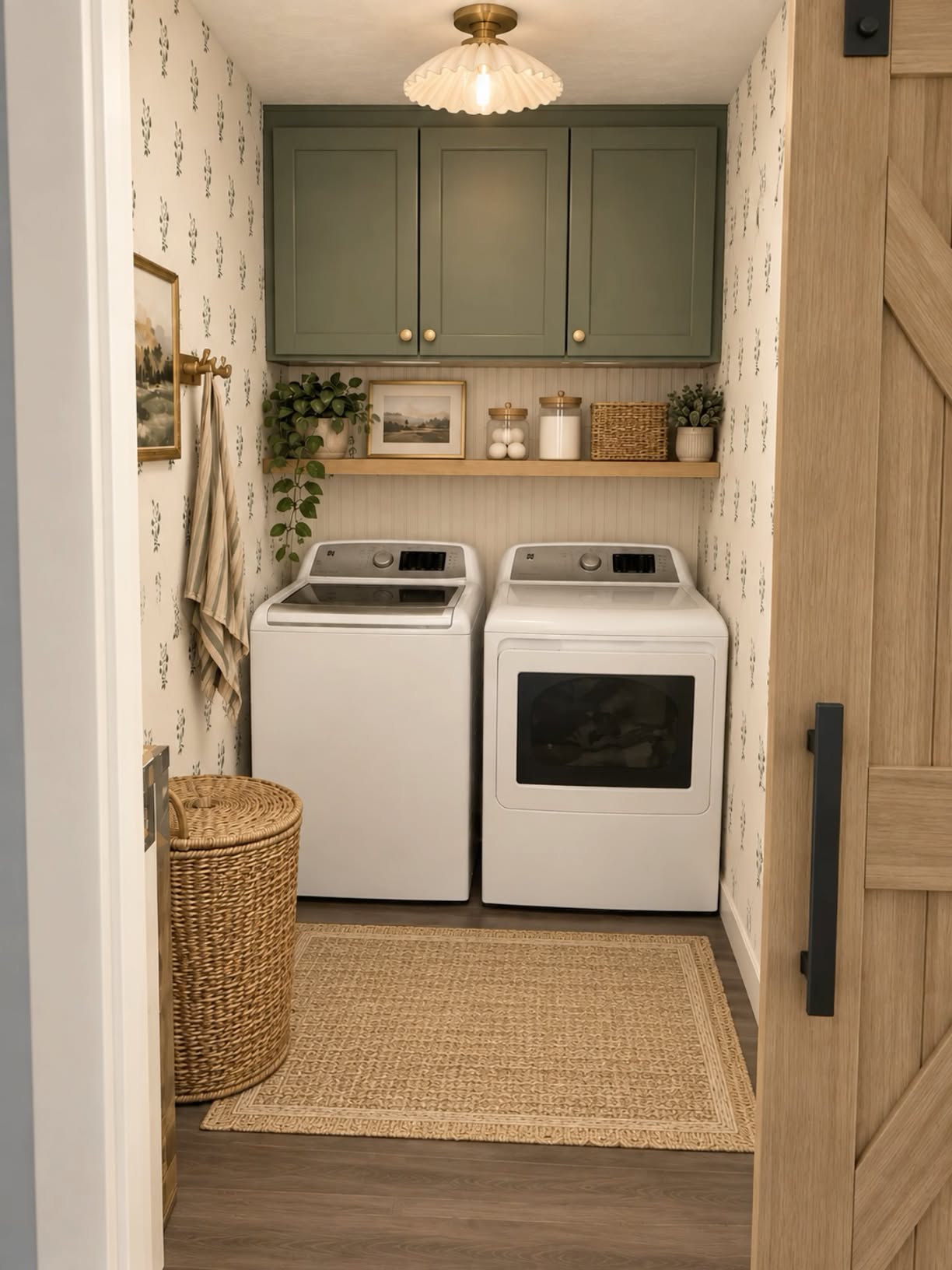 Laundry closet with a sliding barn door, sage green cabinets and a floating shelf above the washer and dryer