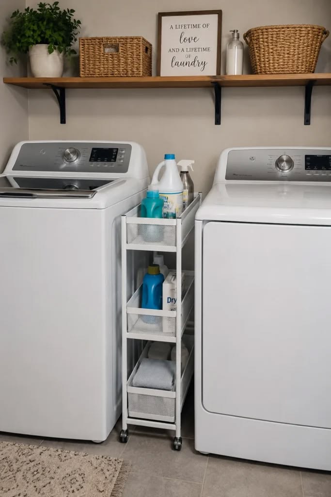 Slim white rolling utility cart with detergent and towels tucked between two top-load machines