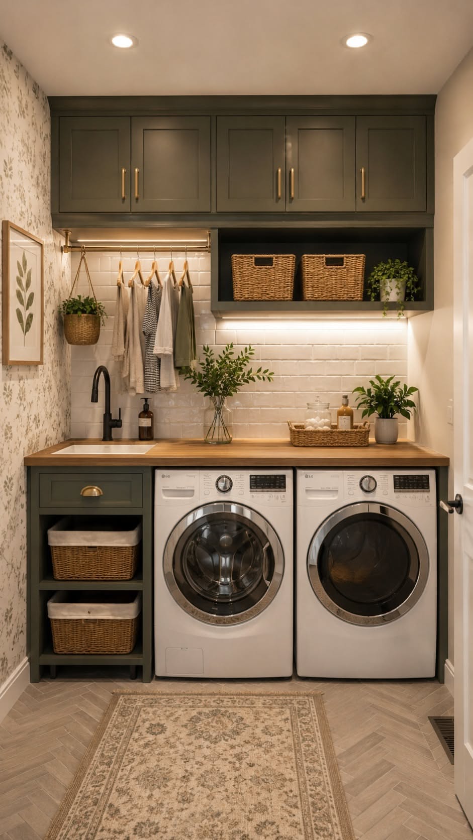 Green accent wall laundry nook with a brass hanging rod, subway tile and pull-out hamper drawers