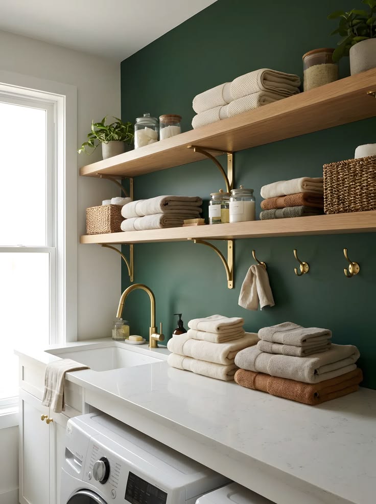 Deep green laundry room accent wall with wood floating shelves, brass hardware and folded towels