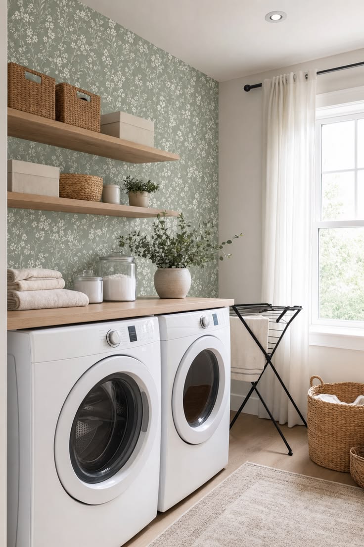 Sage green floral wallpaper behind open wood shelving in a laundry room with a folding drying rack