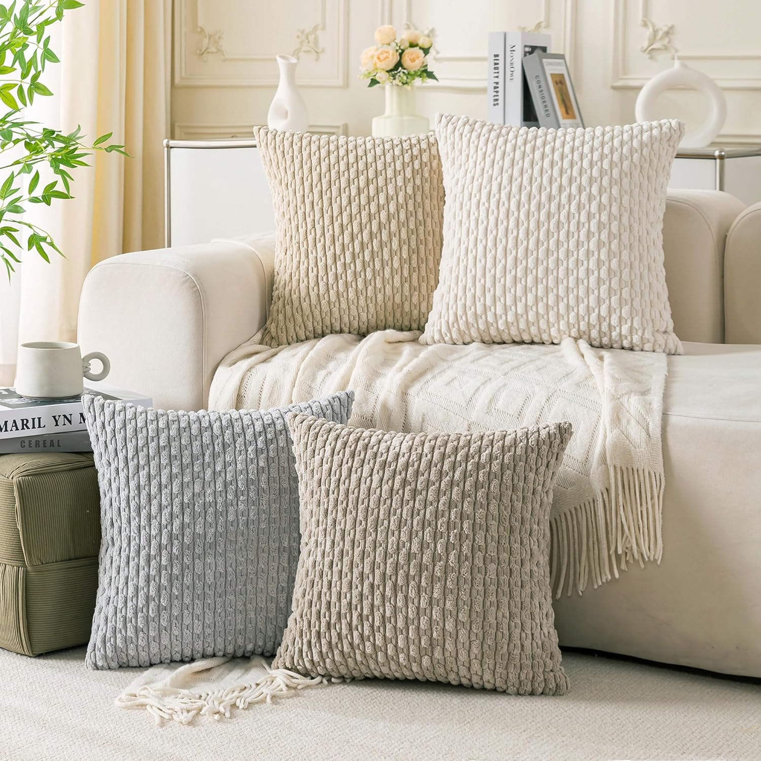 Set of 4 Neutral Decorative Throw Pillow Covers 18x18 Inch Corduroy Pillow Covers for Bed Couch Sofa Living Room Soft Square Cushion Cases