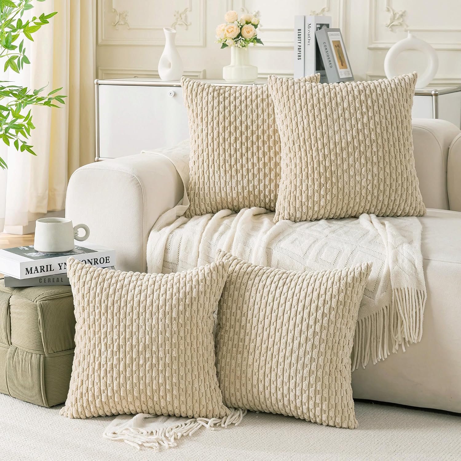Set of 4 Beige Decorative Throw Pillow Covers 18x18 Inch Corduroy Pillow Covers for Bed Couch Sofa Living Room Soft Square Cushion Cases