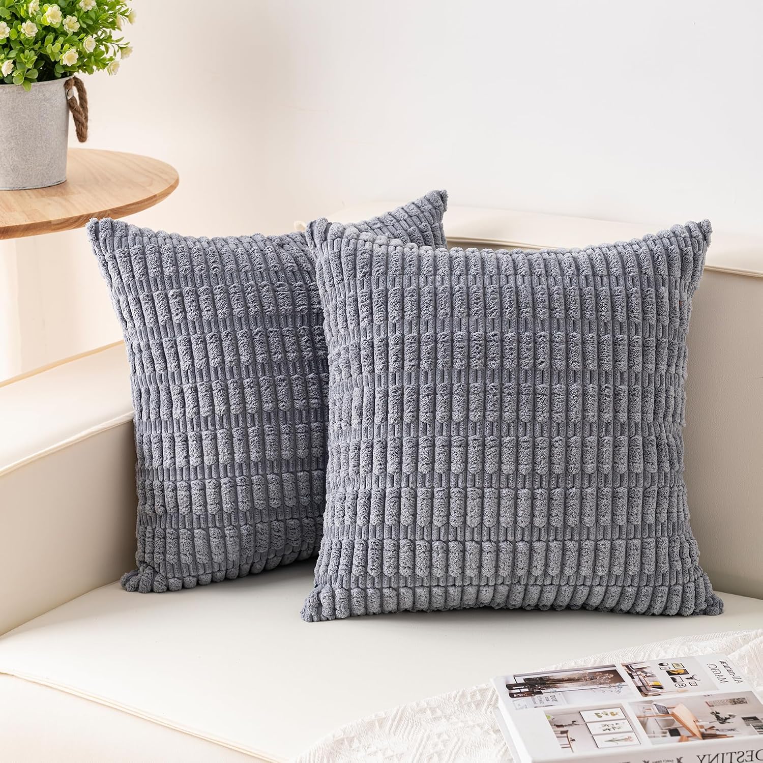 Pack of 2 Corduroy Decorative Throw Pillow Covers 18x18 Inch, Light Grey