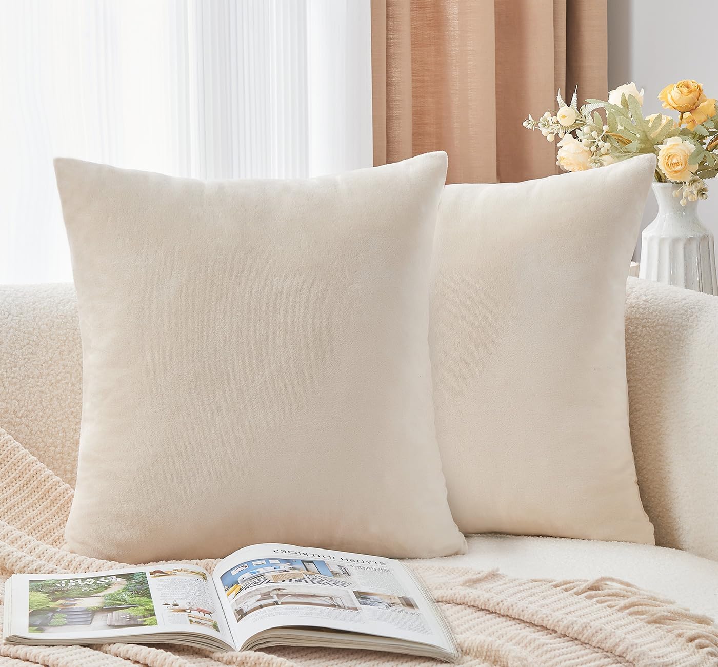 Throw Pillow Covers Neutral Beige Set of 2 18x18 Inch Pillow Covers, Soft Velvet Farmhouse Decorative Pillowcases for Couch Sofa Bed, Home Boho Decor, Modern Cushion Covers