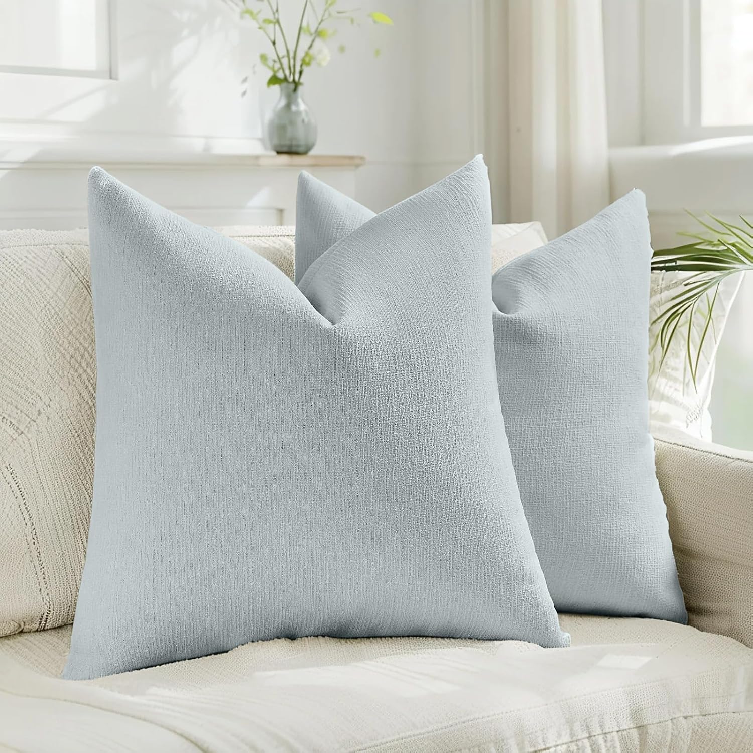HAUSSY Pack of 2 Faux Linen Throw Pillow Covers 18x18 Inch, Dusty Blue