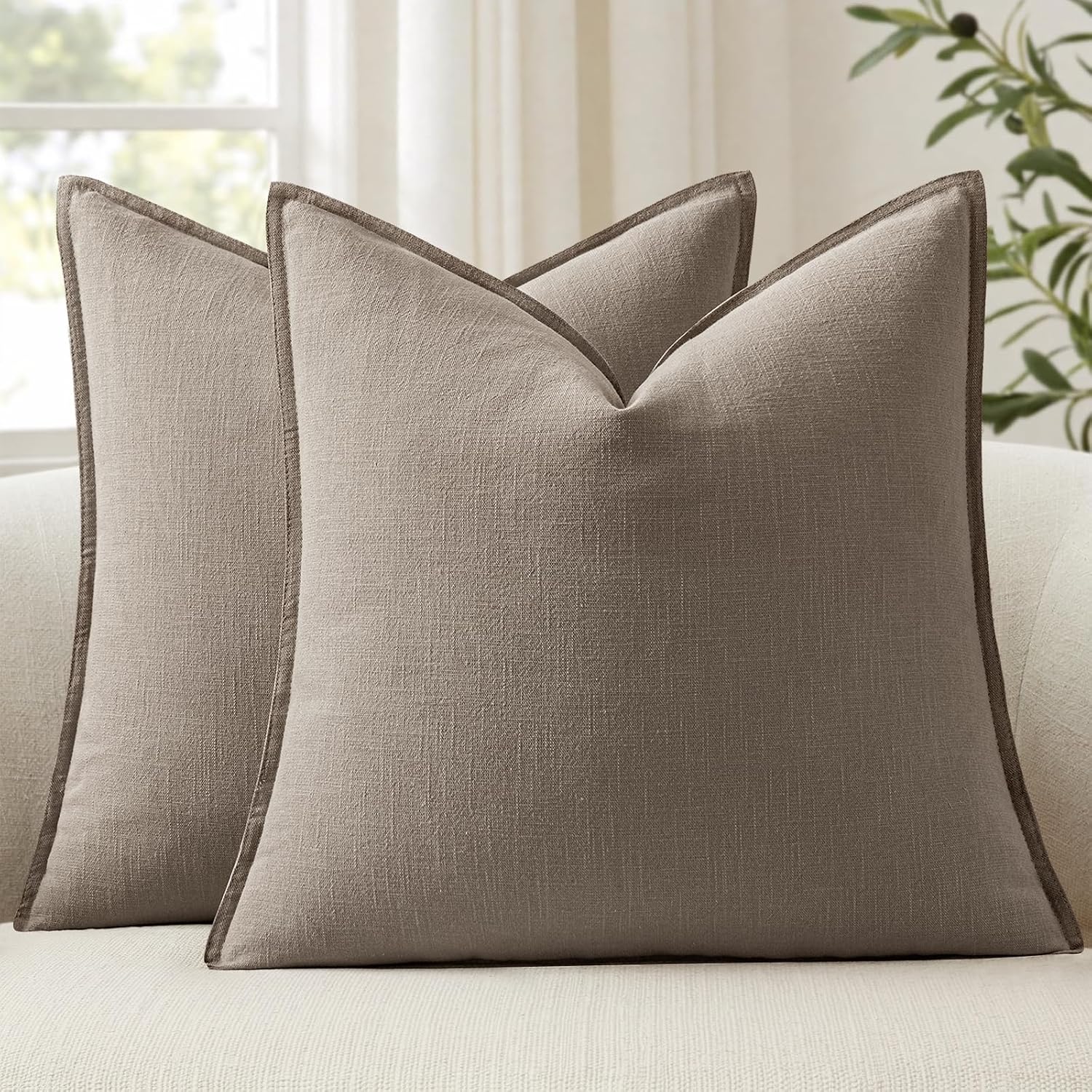 ANRODUO Decorative Linen Pillow Covers 18x18 Inch Mushroom Brown Pack of 2