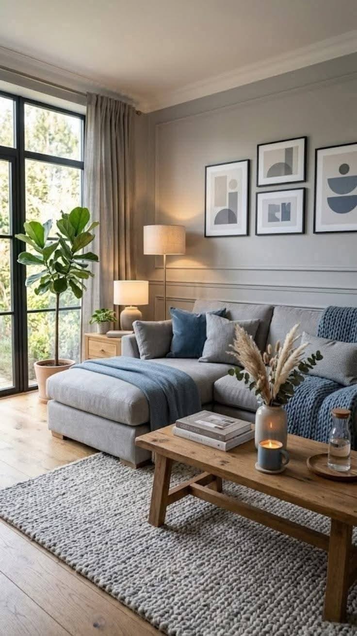 Blue-gray living room walls with a gray sectional and blue throw pillows