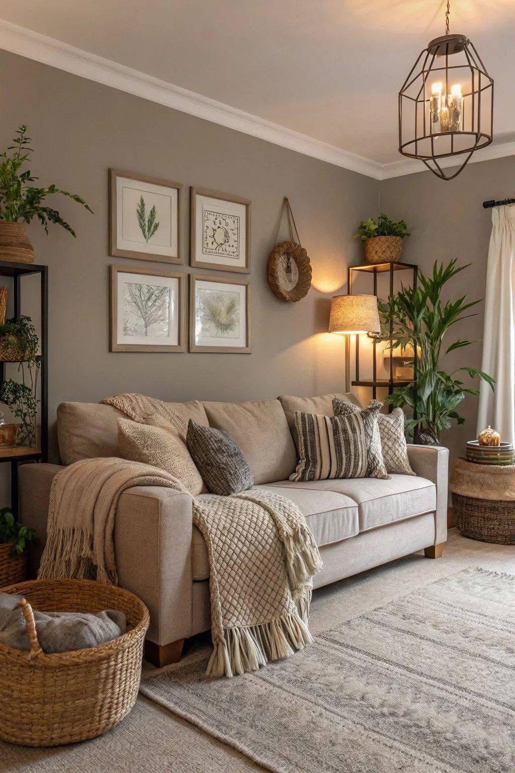 Greige living room with a framed gallery wall, plants and layered textiles