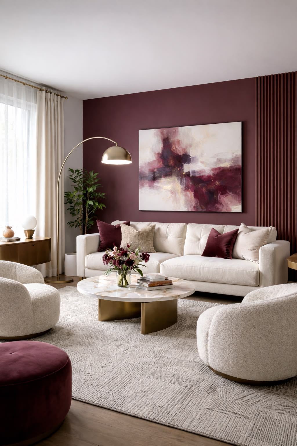 Cream living room with a bold burgundy accent wall behind a neutral sofa