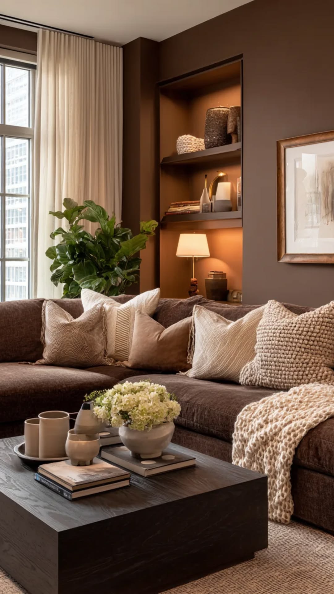 Deep brown living room styled with warm neutral furniture