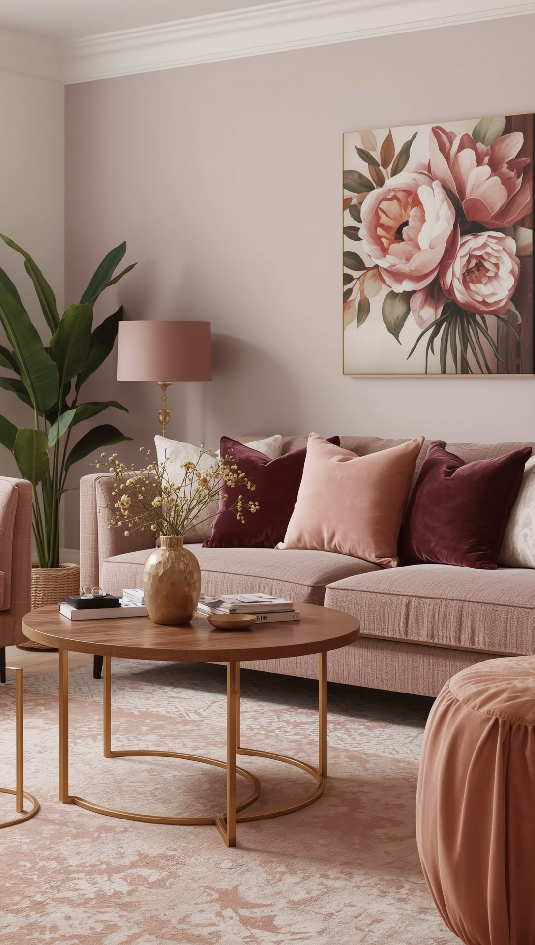 Soft neutral glam living room with dusty rose and blush accents
