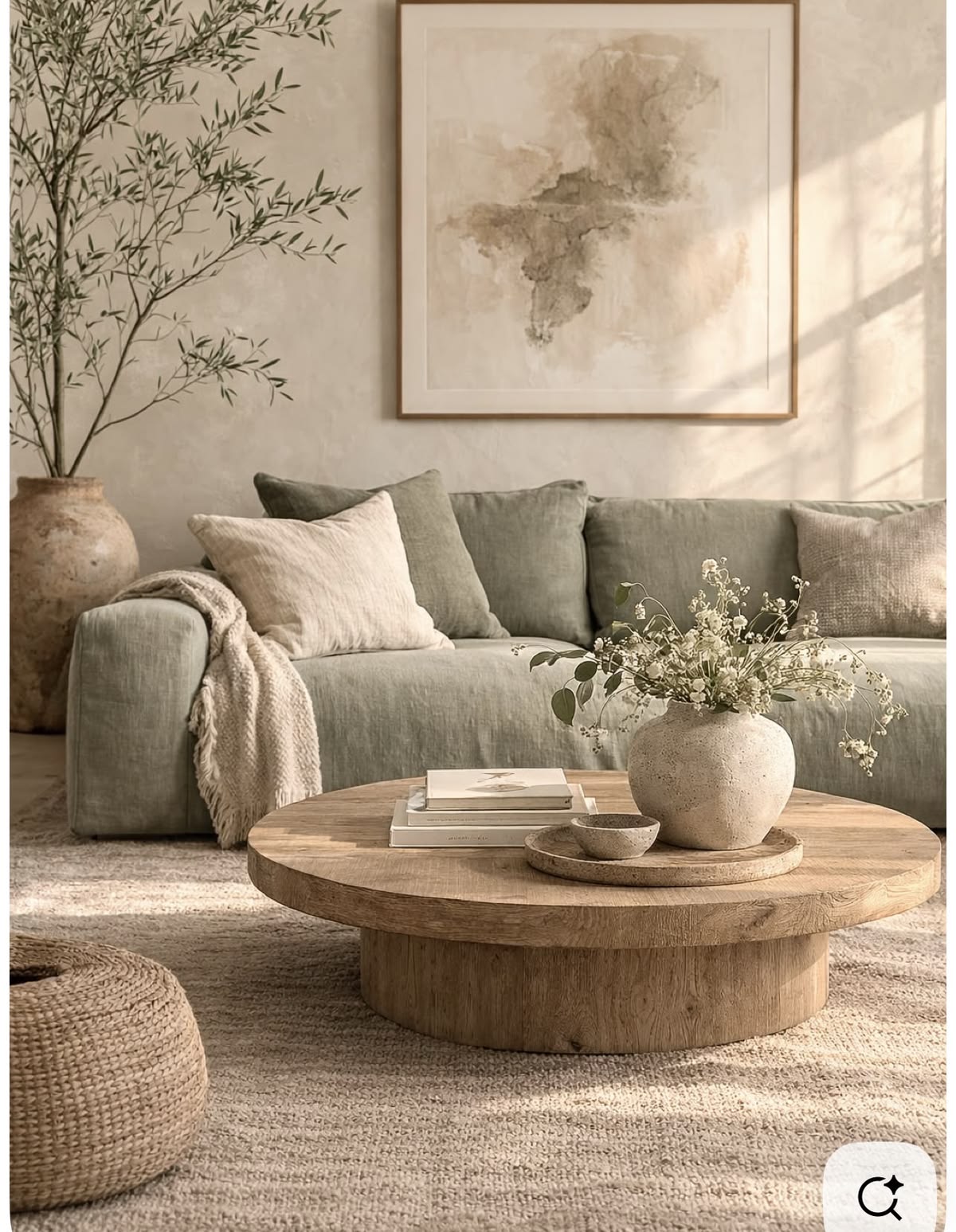 Warm neutral living room with a sage sofa, round wood coffee table and natural light