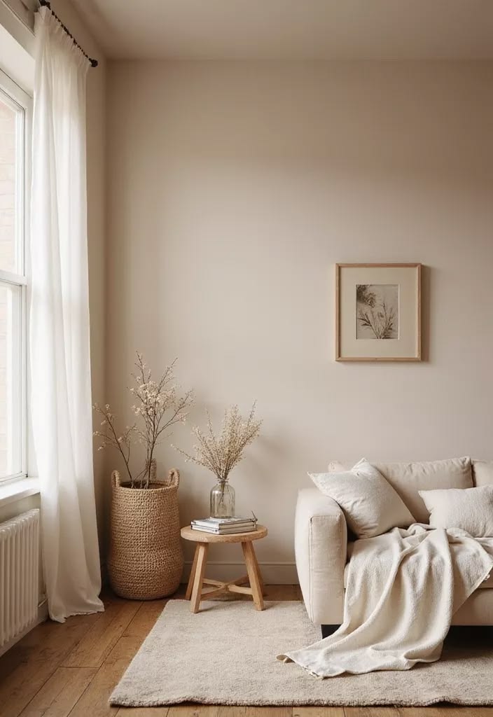 Nude-toned living room interior lit by natural daylight