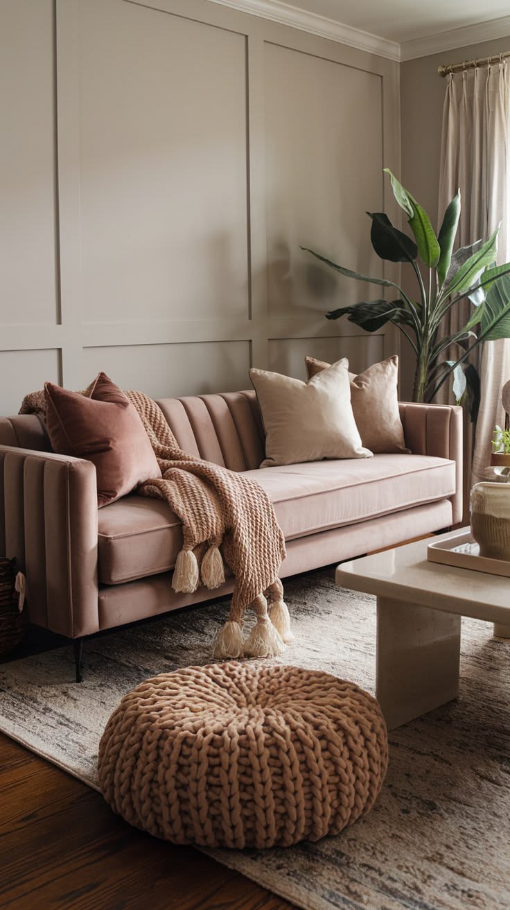 Taupe sofa styled with blush and neutral pillows in a living room
