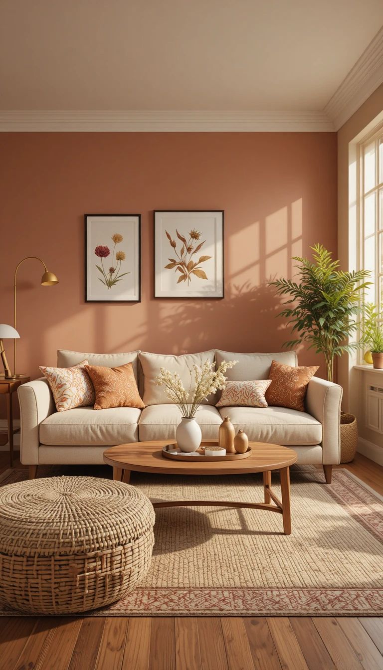 Soft terracotta living room wall behind a white sofa
