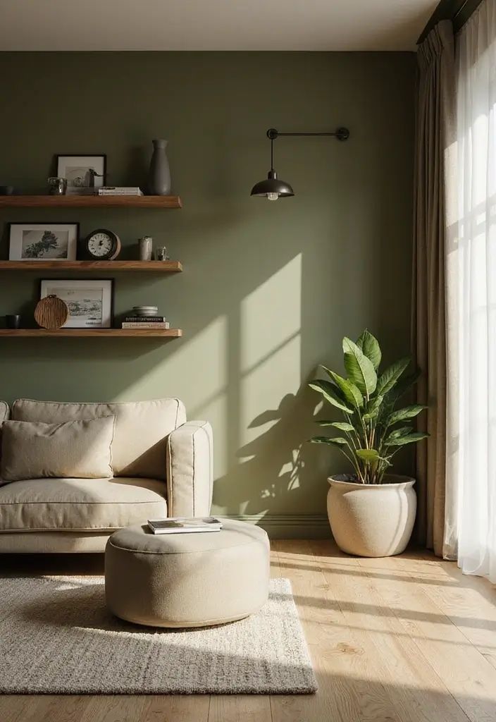 Olive green living room wall with white trim and natural light