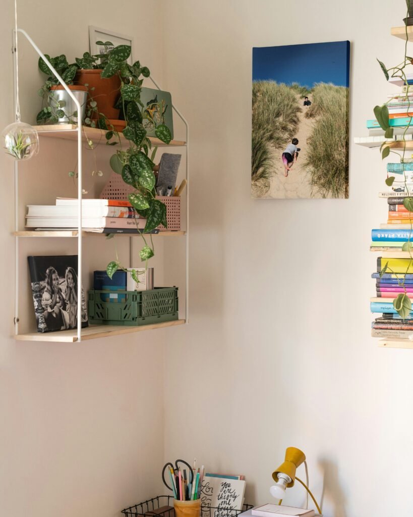Floating shelves adding corner storage without using floor space