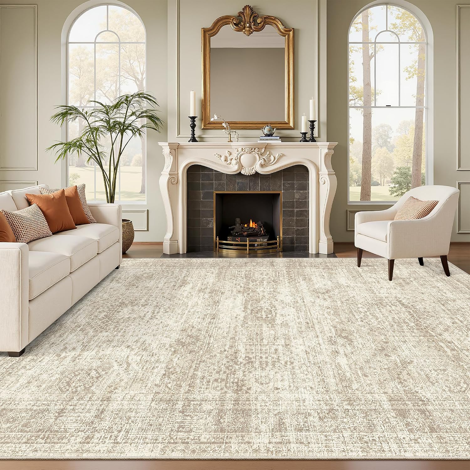 Soalmost 9 x 12 Washable Area Rug for Living Room, Non-Slip, Beige