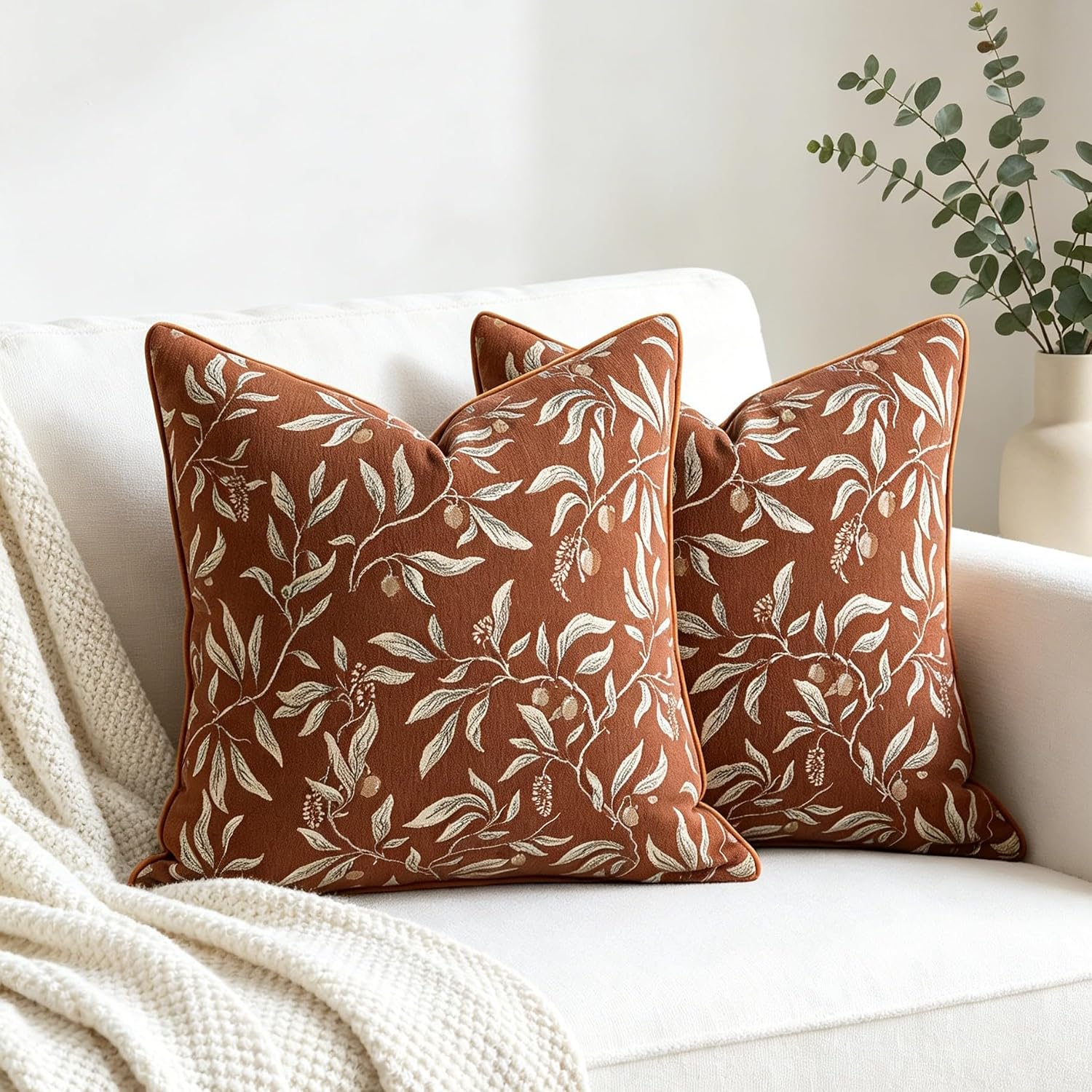 Terracotta Chenille Jacquard Botanical Throw Pillow Covers, 18 x 18 Inch, 2 Pcs