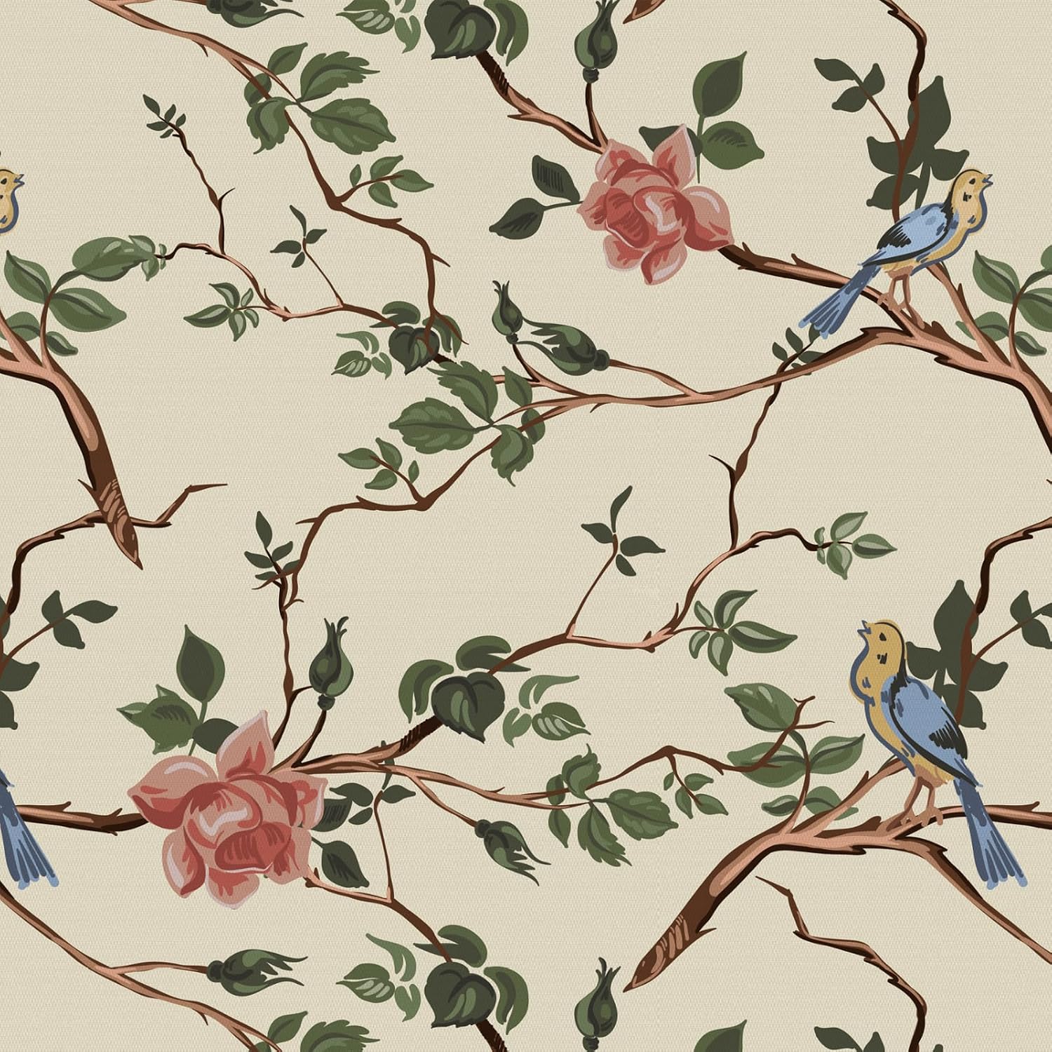 Vintage Peel and Stick Wallpaper, 17.7 x 118 Inch, French Bird and Rose Branch
