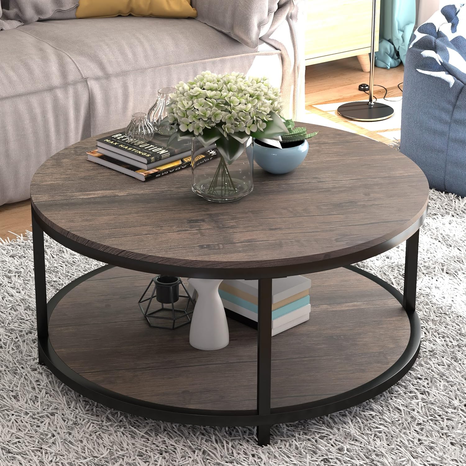 NSdirect 36 Inch Round Coffee Table, 2-Tier Rustic Wood with Storage