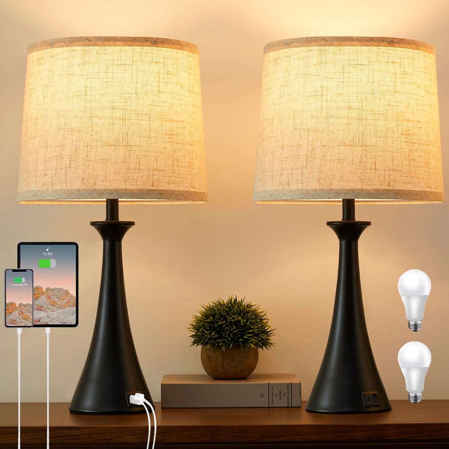 Touch Table Lamps, Set of 2, 21 Inch, with USB C and A Ports, Black