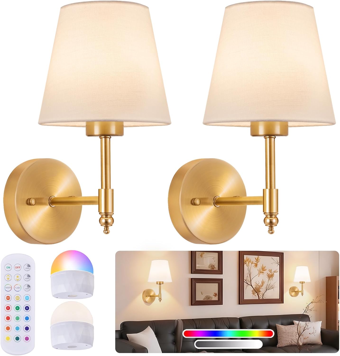Battery Operated Wall Sconces, Set of 2, Rechargeable Wireless Wall Lights