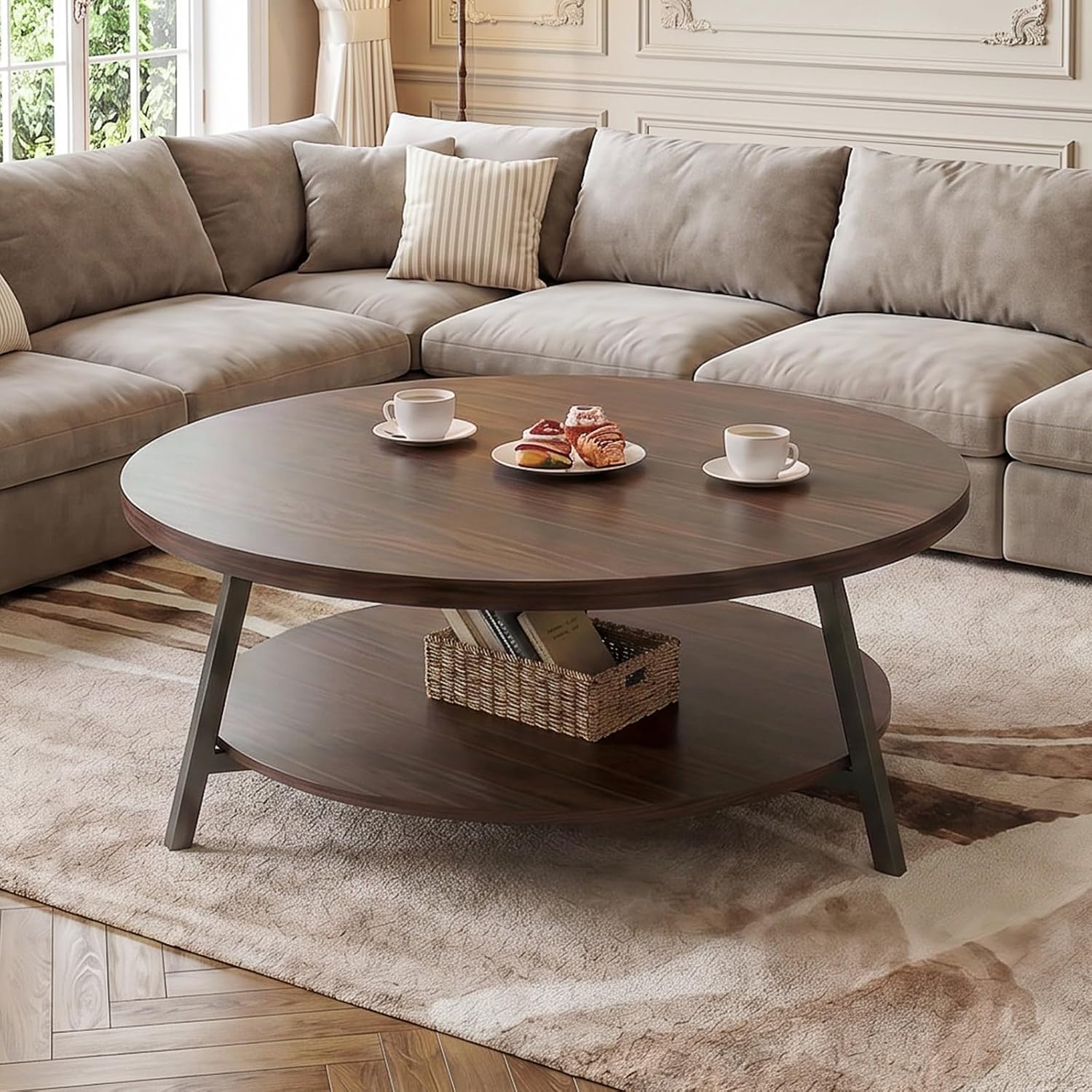 Armocity 35.4 Inch Round Wood Coffee Table with 2-Tier Storage