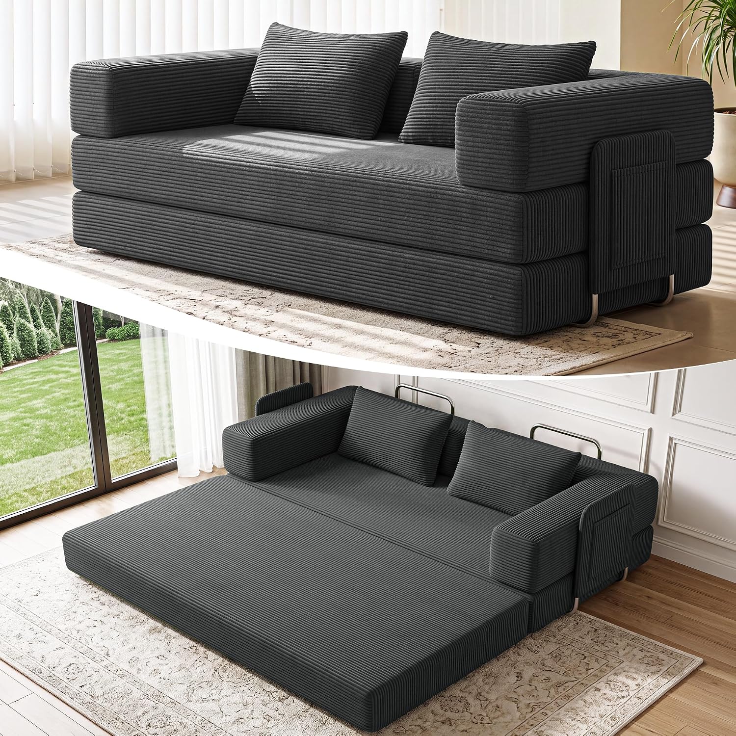 78 Inch 5-in-1 Convertible Futon Sofa Bed, Boneless Couch for Living Room