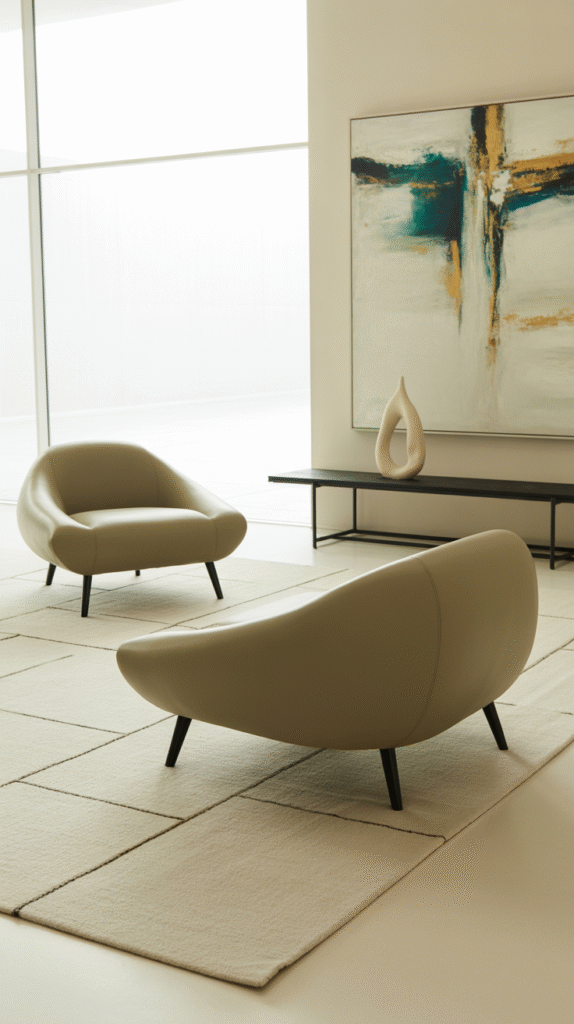 Sofa floated away from the wall in the center of a living room with a console table behind it
