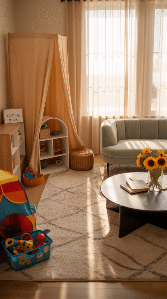 Living room split into a defined adult seating zone and a kid-friendly play area