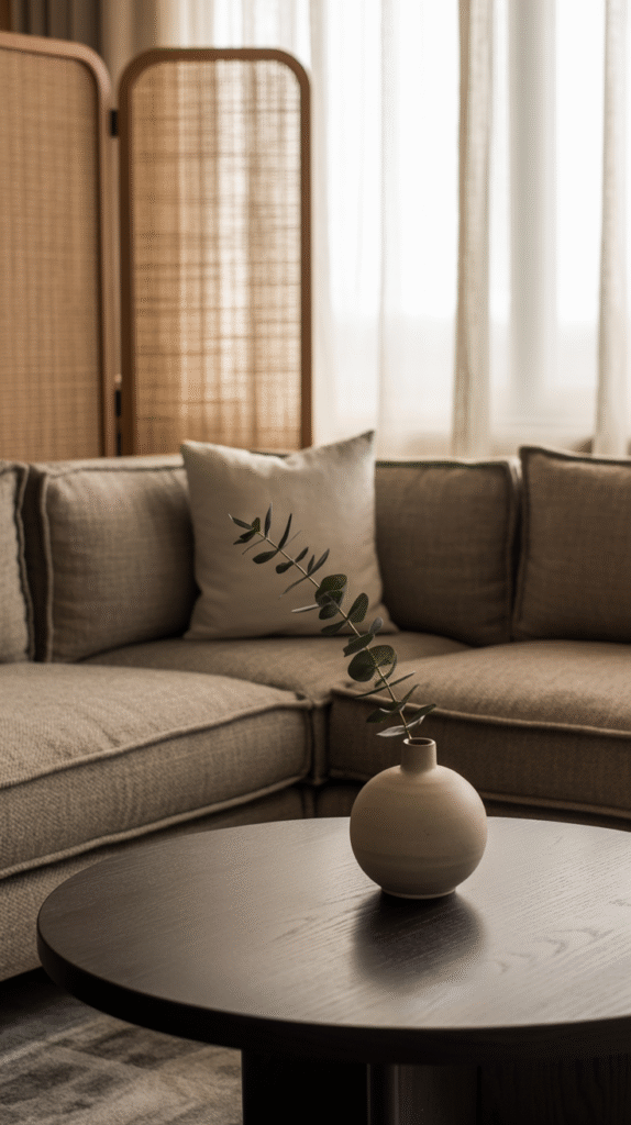 L-shaped sectional sofa defining a living room zone with a round coffee table