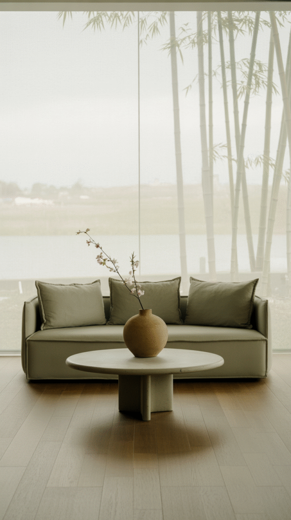 Minimalist living room with a single sofa, one coffee table and neutral low-profile furniture