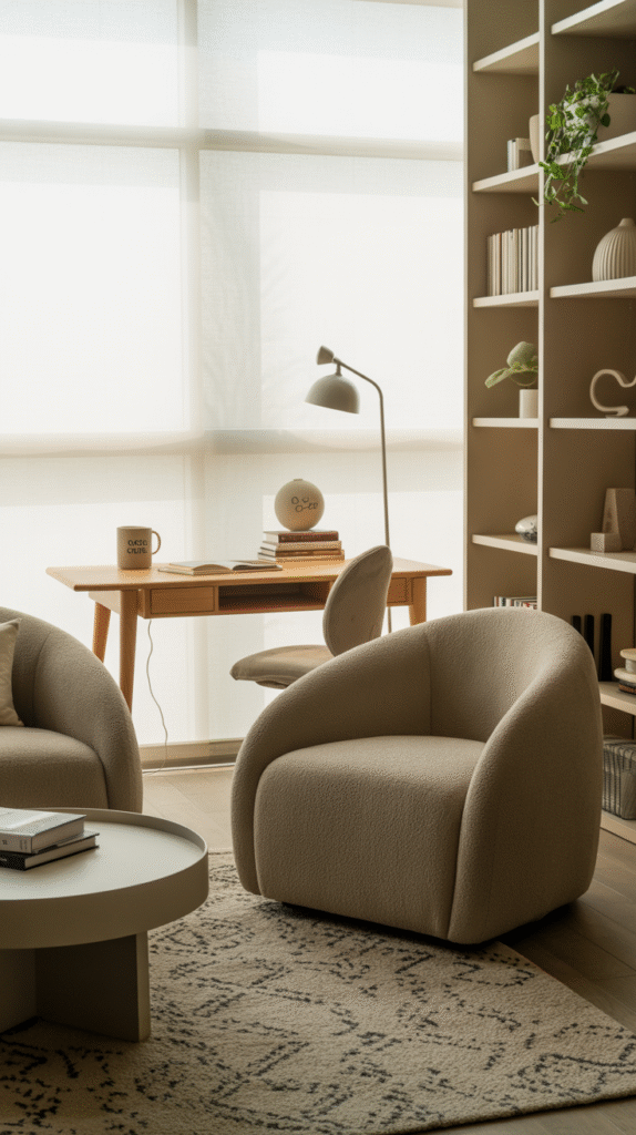 Living room split into a lounging zone and a small reading or work corner