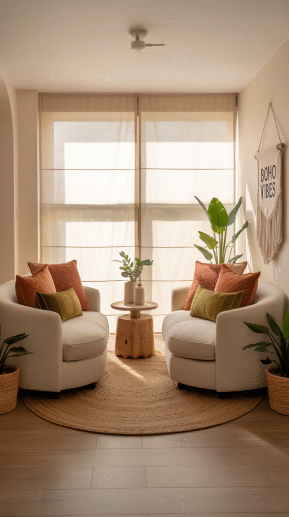Two loveseats arranged in a small living room with a round coffee table between them